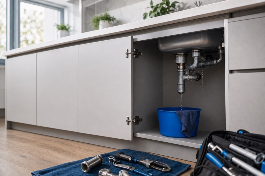 Dépannage plomberie : fuite sous évier, seau et outils