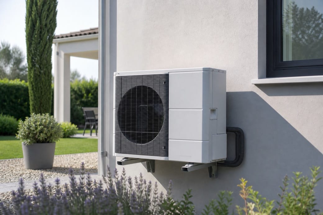 Pompe à chaleur : unité extérieure installée le long d'une maison